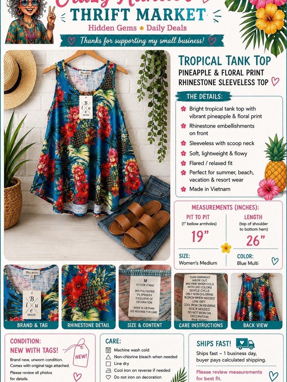 Medium Tropical Pineapple Floral Tank Top Coastal Nautical Resort